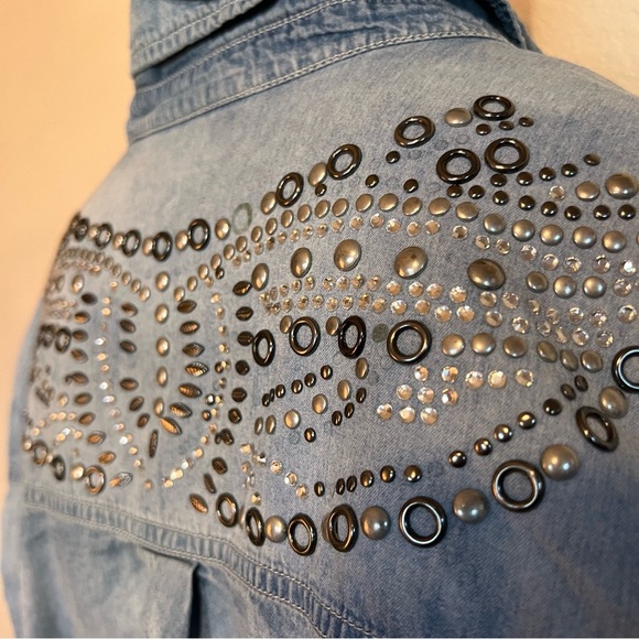 Avenue Silver Studded and Rhinestone Denim Button-Up Shirt - Picture 8 of 8